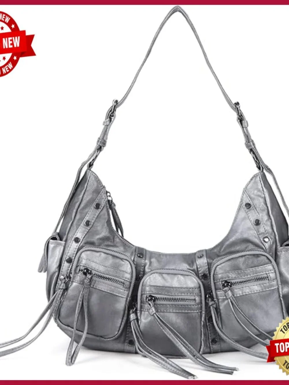 Y2K Vegan Leather Hobo Shoulder Bag with Studs Multi Pockets Satchel Handbag